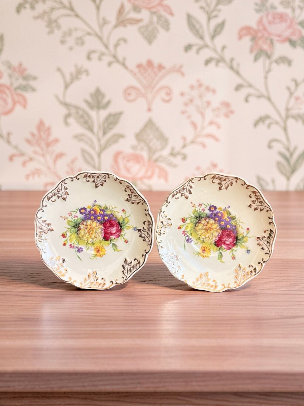 Vintage Floral Porcelain Saucers Set of 2 Gold Trim Scalloped Cottagecore